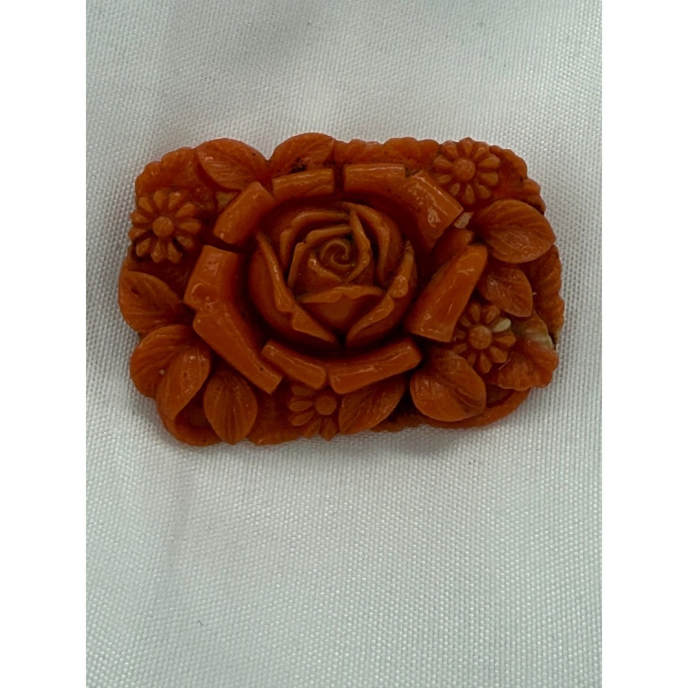 Vintage Carved Faux Rose Floral Flowers Brooch Pin Orange Red